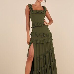 Lulus Compelling Romantic Olive Green Ruffled Tiered Maxi Dress - Size 1X